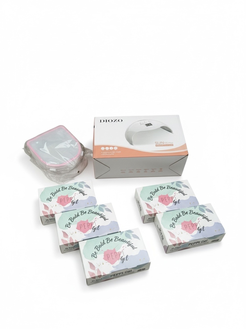 Peppi Gel set of Gel Polish, Base Gel, No Wipe Topcoat, LED Lamp, Soak Off Bowl